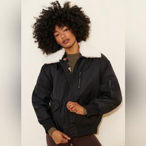 $199 New NVLT Anthropologie Trendy Faux Fur Collar Bomber Jacket Black XS 2 4